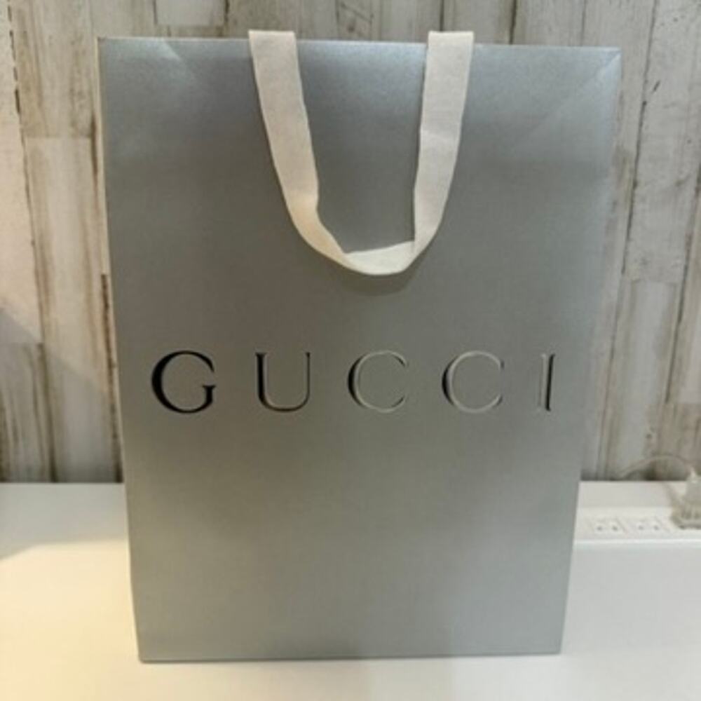 Gucci Boutique Shopping Gift Bag Silver White Ribbon Handles Reusable
